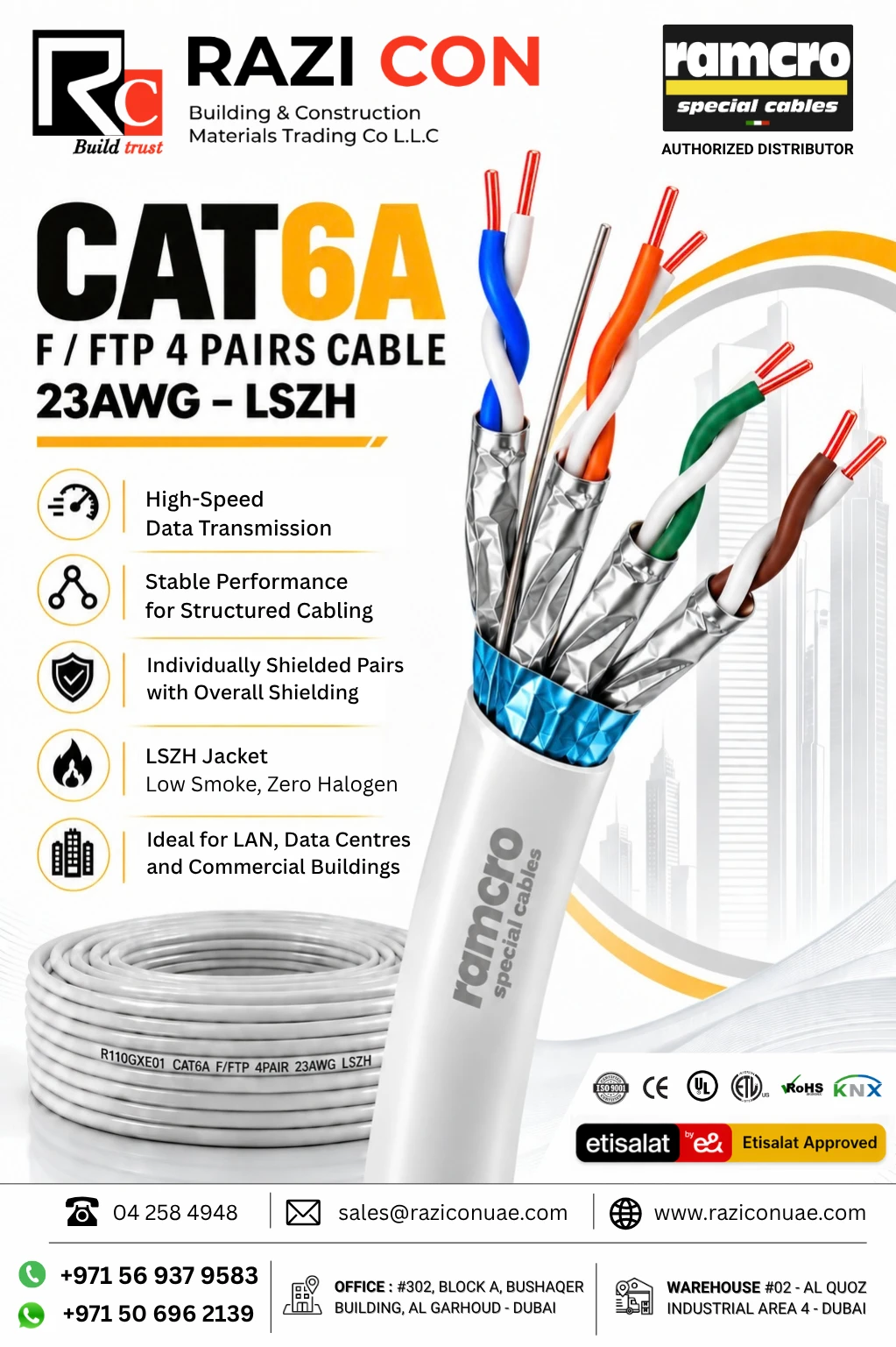 R110GXE01 CAT6A F/FTP 4 Pair 23AWG LSZH Cable